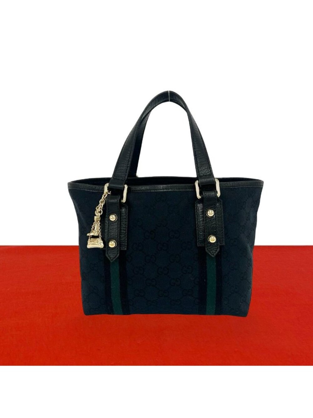 Gucci GG Logo Pattern Canvas Leather Mini Tote Boston Bag Navy